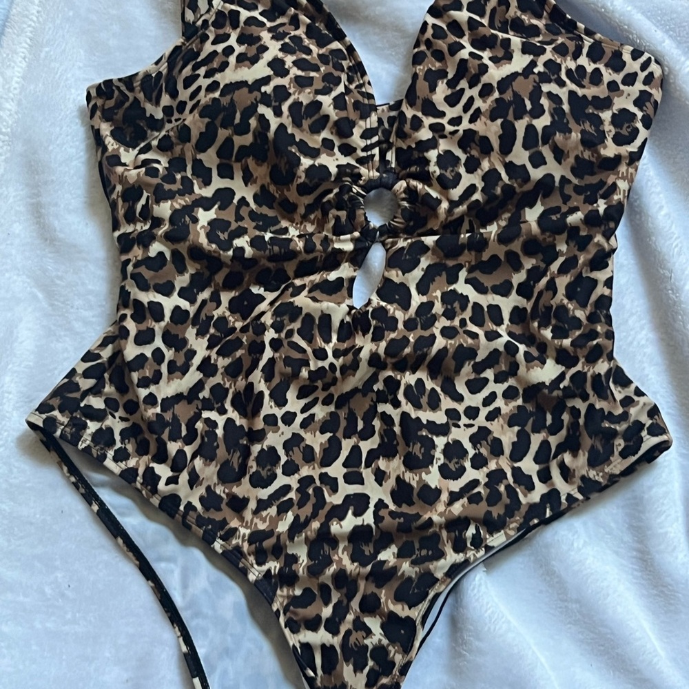 SHEIN Brown and Black One Piece Swimsuit Plunging Neckline